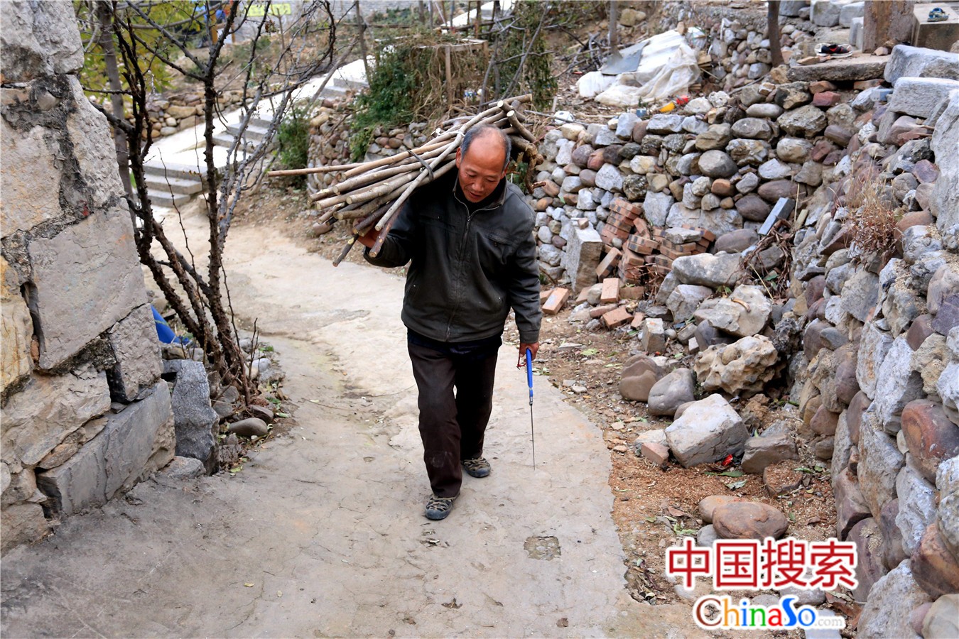 为2018年11月24日，河南鹤壁，张斗贵将从山上捡回的枯木扛回家加工成登山拐杖。